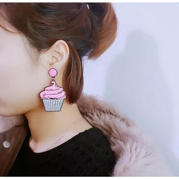 Pink Glitter Cupcake Acrylic Birthday‎ Earrings - Picture 5 of 7